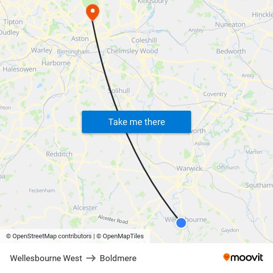 Wellesbourne West to Boldmere map