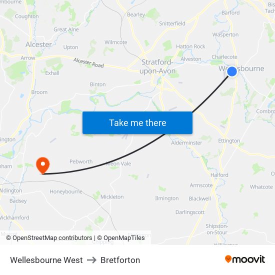 Wellesbourne West to Bretforton map