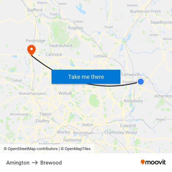 Amington to Brewood map