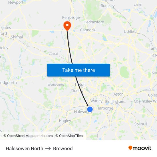 Halesowen North to Brewood map