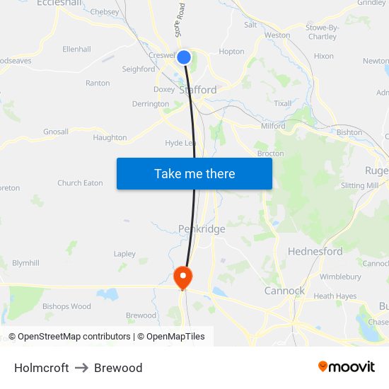 Holmcroft to Brewood map