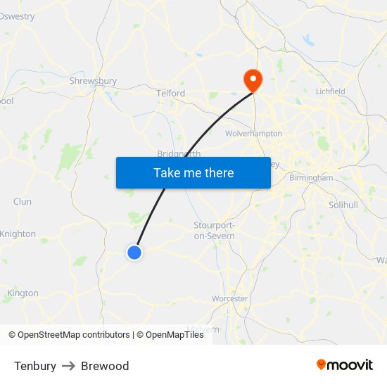 Tenbury to Brewood map