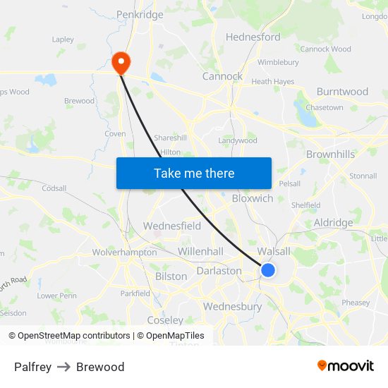 Palfrey to Brewood map