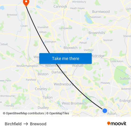 Birchfield to Brewood map