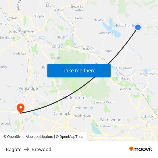 Bagots to Brewood map