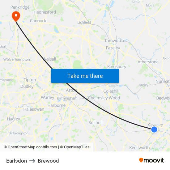 Earlsdon to Brewood map