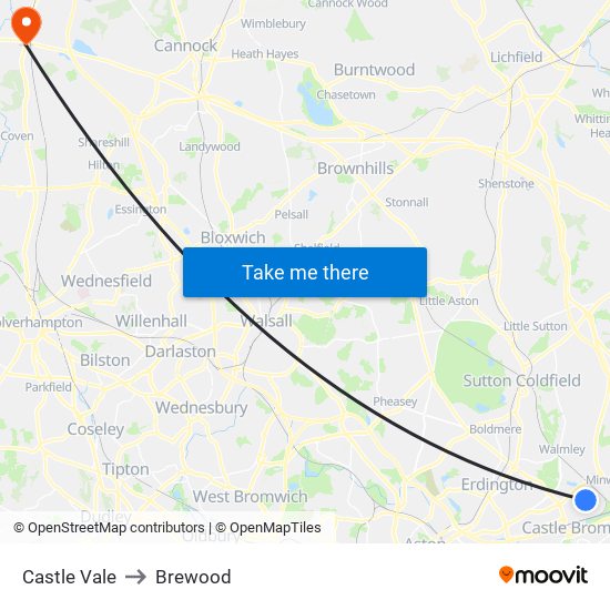 Castle Vale to Brewood map