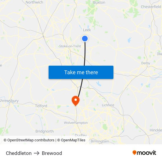 Cheddleton to Brewood map