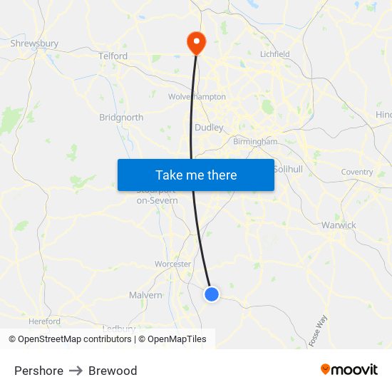Pershore to Brewood map