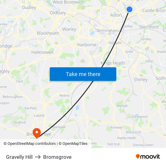 Gravelly Hill to Bromsgrove map