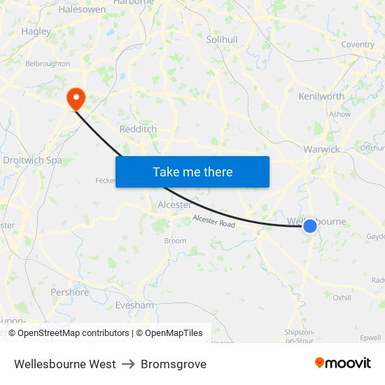 Wellesbourne West to Bromsgrove map