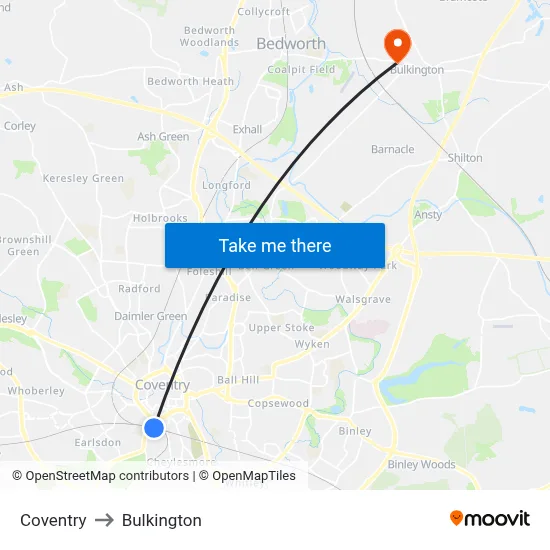 Coventry to Bulkington map