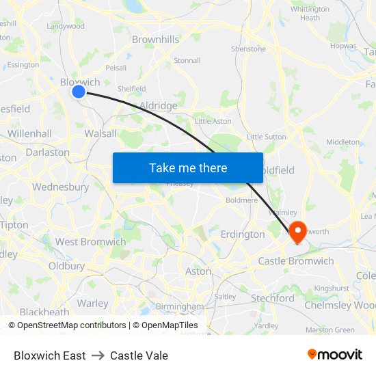 Bloxwich East to Castle Vale map