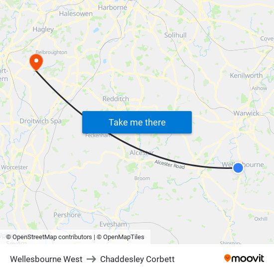 Wellesbourne West to Chaddesley Corbett map