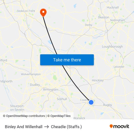 Binley And Willenhall to Cheadle (Staffs.) map