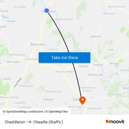 Cheddleton to Cheadle (Staffs.) map