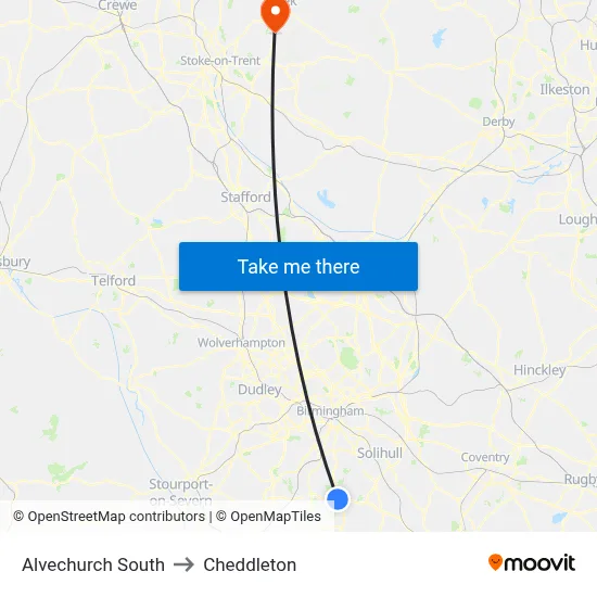 Alvechurch South to Cheddleton map