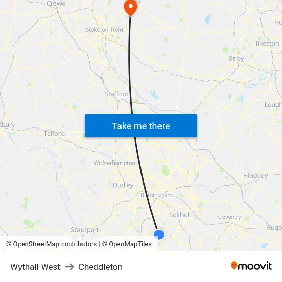 Wythall West to Cheddleton map