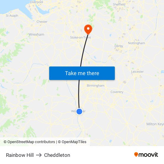 Rainbow Hill to Cheddleton map