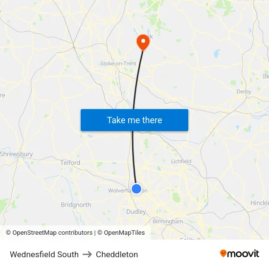 Wednesfield South to Cheddleton map