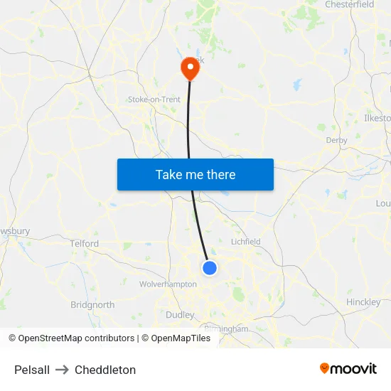 Pelsall to Cheddleton map
