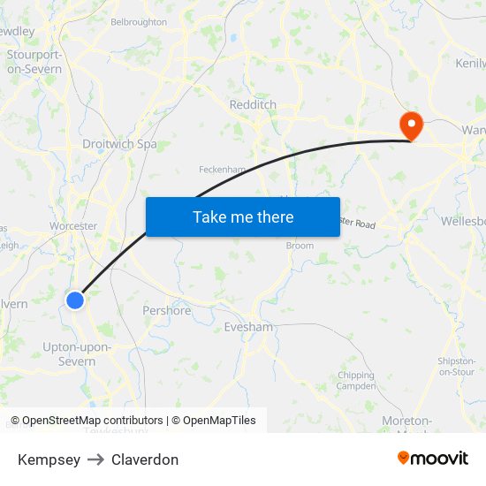 Kempsey to Claverdon map