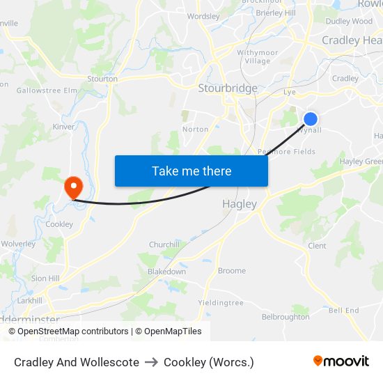 Cradley And Wollescote to Cookley (Worcs.) map