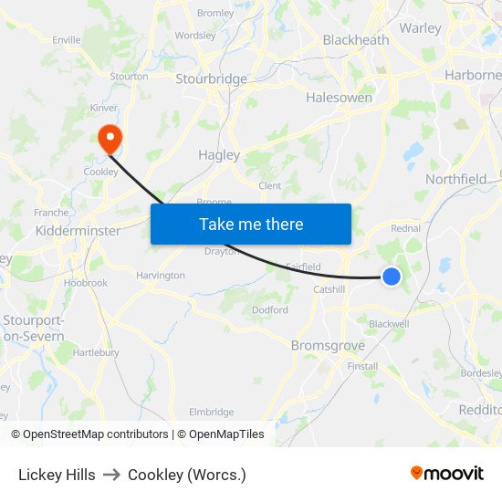 Lickey Hills to Cookley (Worcs.) map