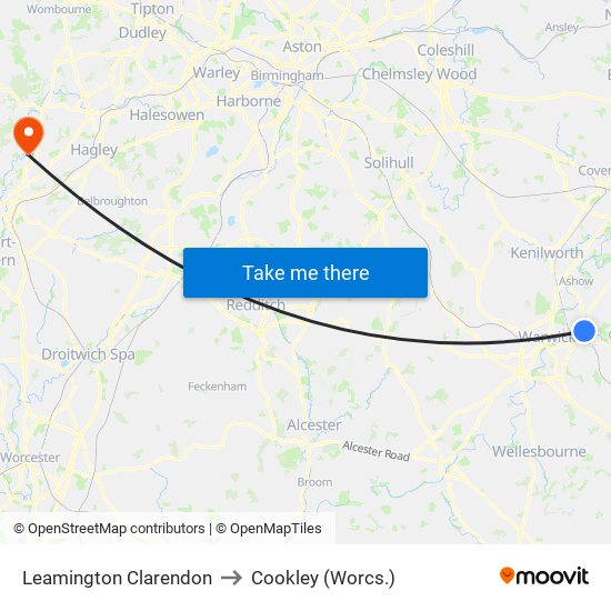 Leamington Clarendon to Cookley (Worcs.) map