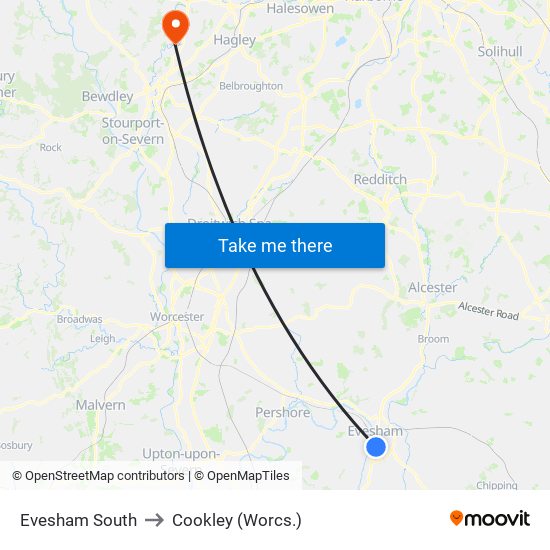 Evesham South to Cookley (Worcs.) map