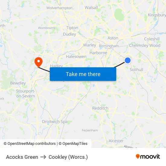 Acocks Green to Cookley (Worcs.) map