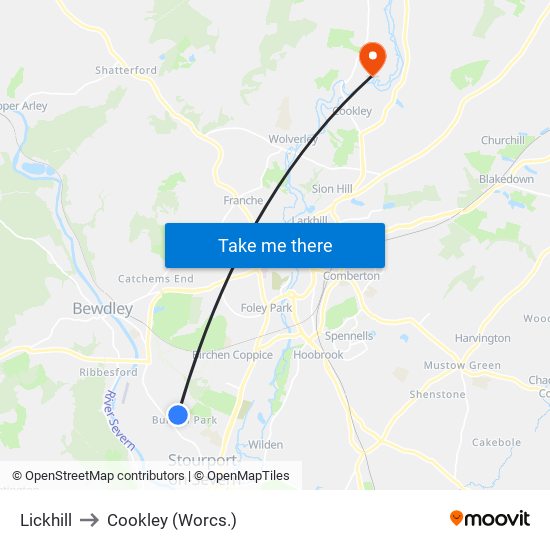 Lickhill to Cookley (Worcs.) map