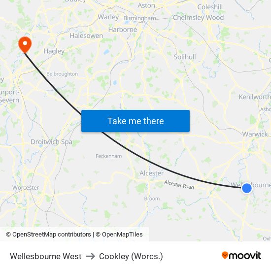 Wellesbourne West to Cookley (Worcs.) map
