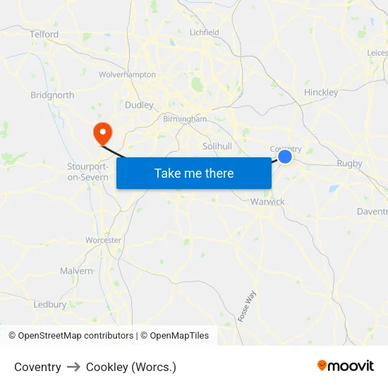 Coventry to Cookley (Worcs.) map
