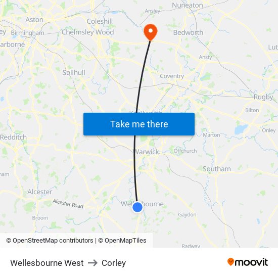 Wellesbourne West to Corley map