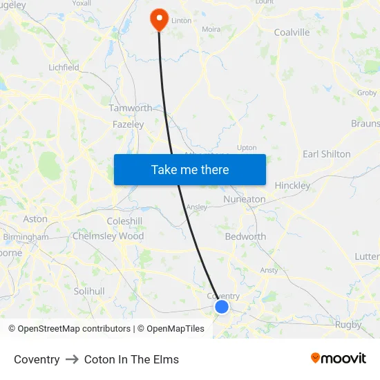 Coventry to Coton In The Elms map