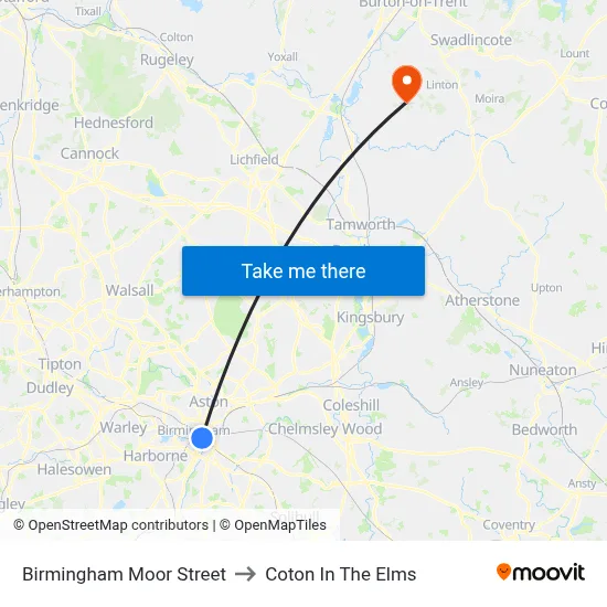 Birmingham Moor Street to Coton In The Elms map