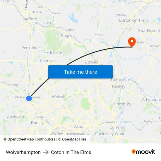 Wolverhampton to Coton In The Elms map