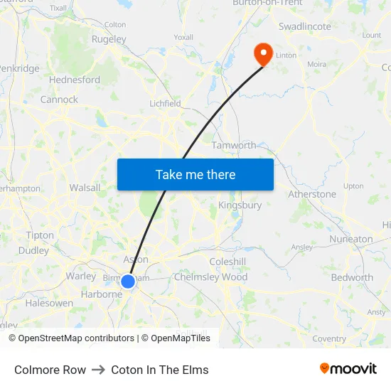Colmore Row to Coton In The Elms map