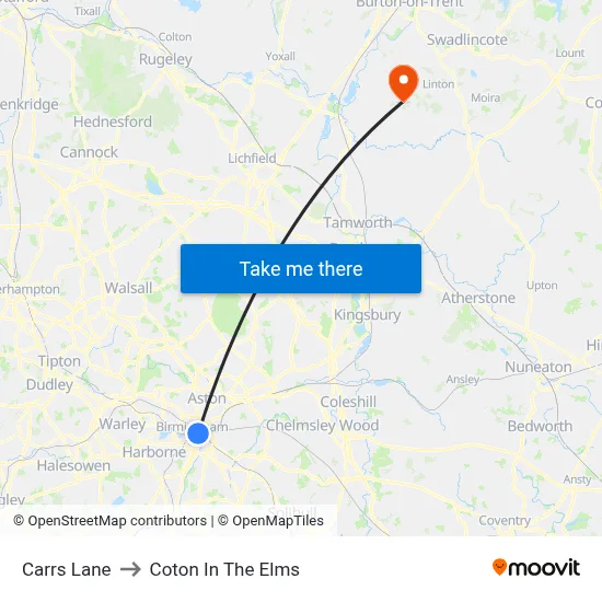 Carrs Lane to Coton In The Elms map