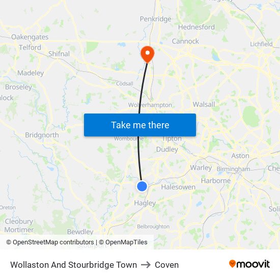 Wollaston And Stourbridge Town to Coven map