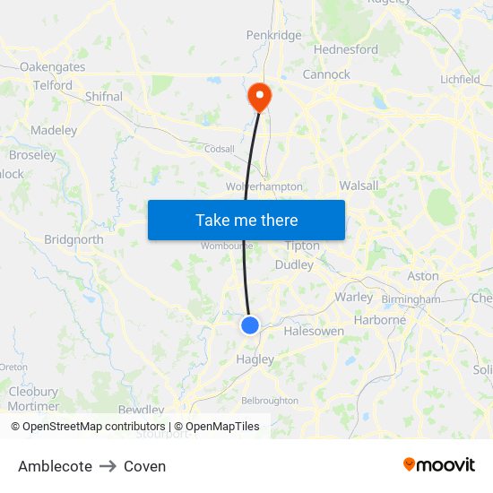 Amblecote to Coven map