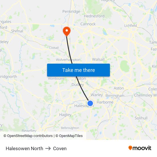 Halesowen North to Coven map