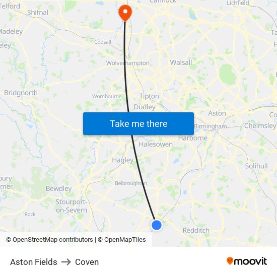 Aston Fields to Coven map
