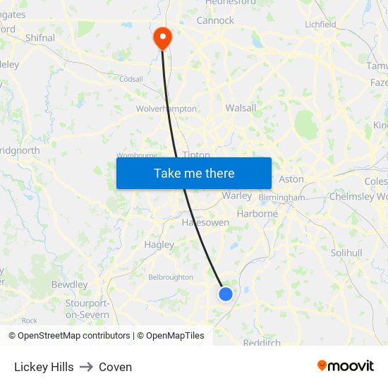 Lickey Hills to Coven map