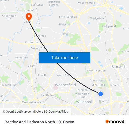 Bentley And Darlaston North to Coven map