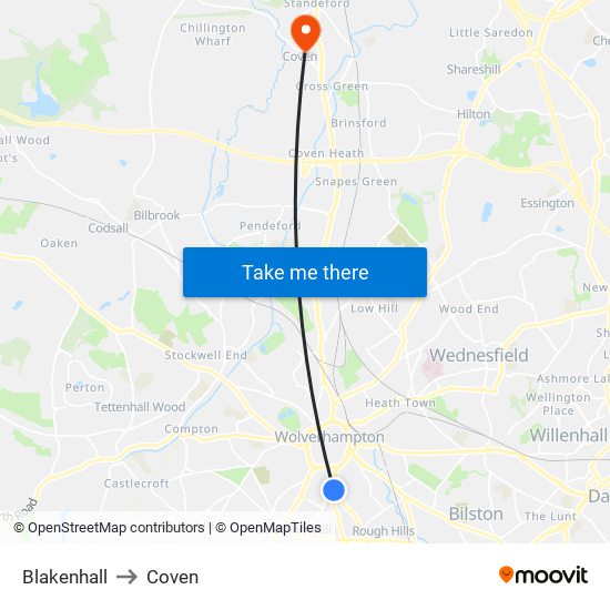 Blakenhall to Coven map