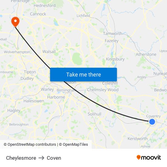 Cheylesmore to Coven map