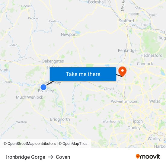 Ironbridge Gorge to Coven map