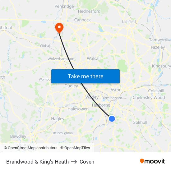 Brandwood & King's Heath to Coven map